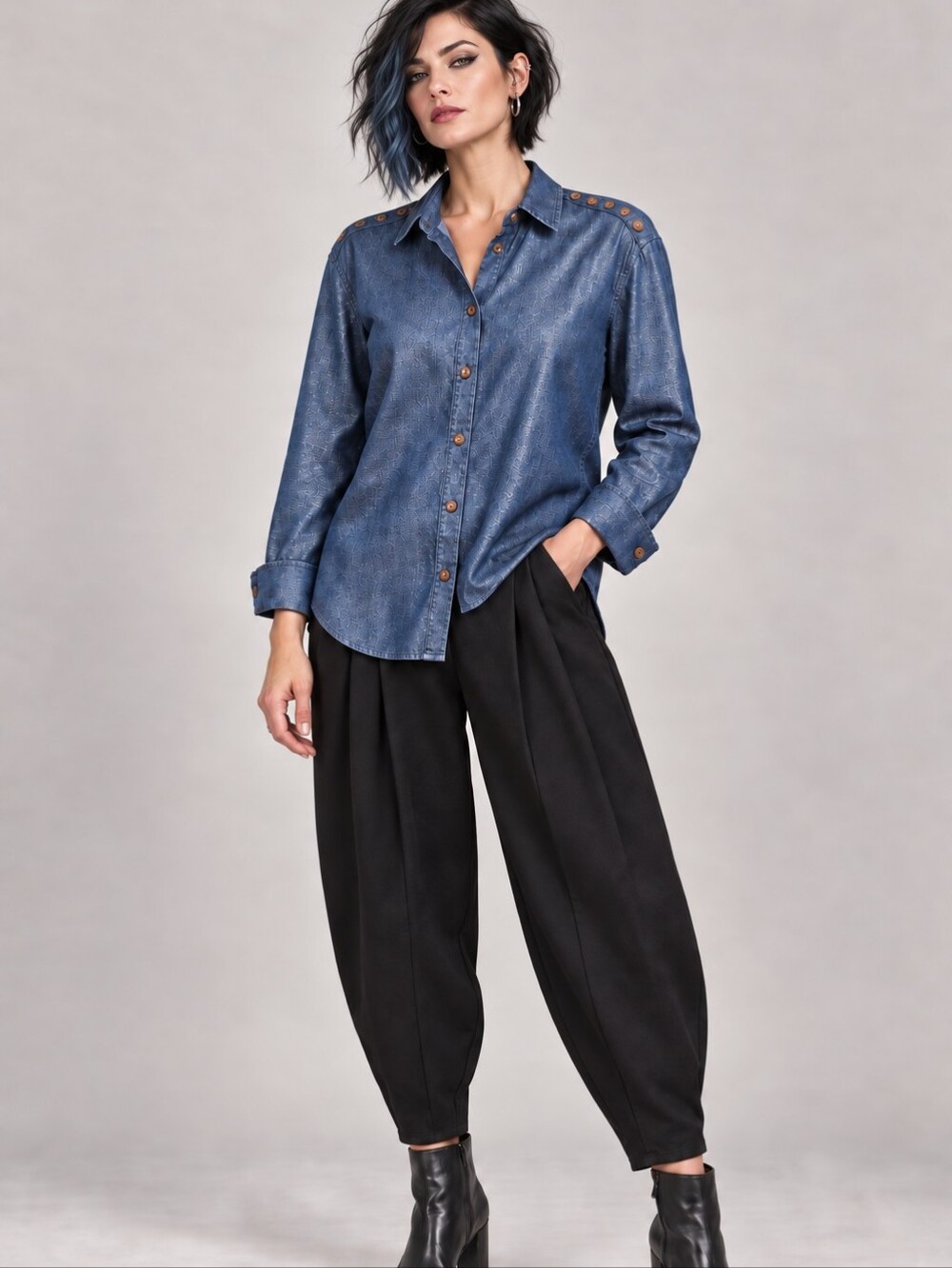 Foxcroft Blue Denim-Style Button-Down Shirt size 8